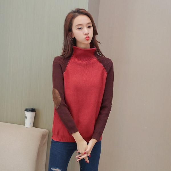 レディース　ニット　エルボーパッチ　ハイネック　ラグランスリーブ　セーター　カットソー　長袖　シンプル　トップス　カジュアル　キュート　大人　可愛い　フェミニン　おしゃれ　お出かけ　オフィス　デイリー　普段着　オリーブ　オレンジ　レッド　送料無料