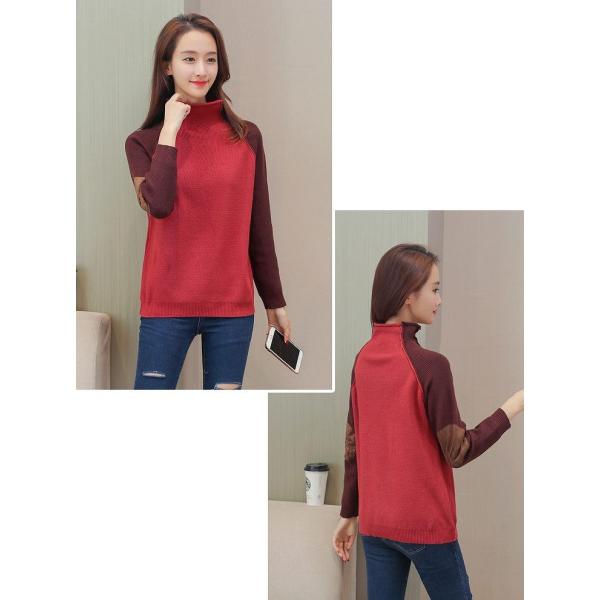 レディース　ニット　エルボーパッチ　ハイネック　ラグランスリーブ　セーター　カットソー　長袖　シンプル　トップス　カジュアル　キュート　大人　可愛い　フェミニン　おしゃれ　お出かけ　オフィス　デイリー　普段着　オリーブ　オレンジ　レッド　送料無料