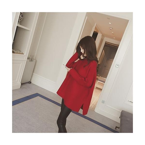 レディース　ワンピース　ウール　ニットワンピ　ボーダー　ゆったり　ミディ丈　ひざ丈　長袖　スカート　カジュアル　キュート　可愛い　フェミニン　きれいめ　上品　エレガント　おしゃれ　お出かけ　お呼ばれ　カーキ　レッド　フリーサイズ　送料無料