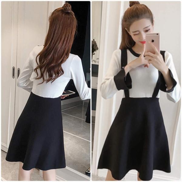 レディース　ワンピース　レイヤード風　ニットワンピ　ミニ丈　フレアスリーブ　長袖　スカート　カジュアル　キュート　可愛い　フェミニン　きれいめ　上品　エレガント　おしゃれ　お出かけ　お呼ばれ　ブラック　ネイビー　S　M　L　サイズ　送料無料