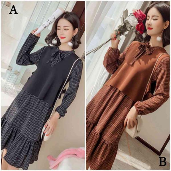 レディース　シフォン　ワンピース　ミディ丈　フリル　チェック柄　首元リボン　長袖　スカート　カジュアル　キュート　可愛い　フェミニン　きれいめ　上品　エレガント　おしゃれ　お出かけ　お呼ばれ　ブラック　カーキ　S　M　L　XL　サイズ　送料無料