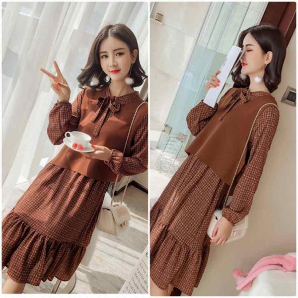 レディース　シフォン　ワンピース　ミディ丈　フリル　チェック柄　首元リボン　長袖　スカート　カジュアル　キュート　可愛い　フェミニン　きれいめ　上品　エレガント　おしゃれ　お出かけ　お呼ばれ　ブラック　カーキ　S　M　L　XL　サイズ　送料無料