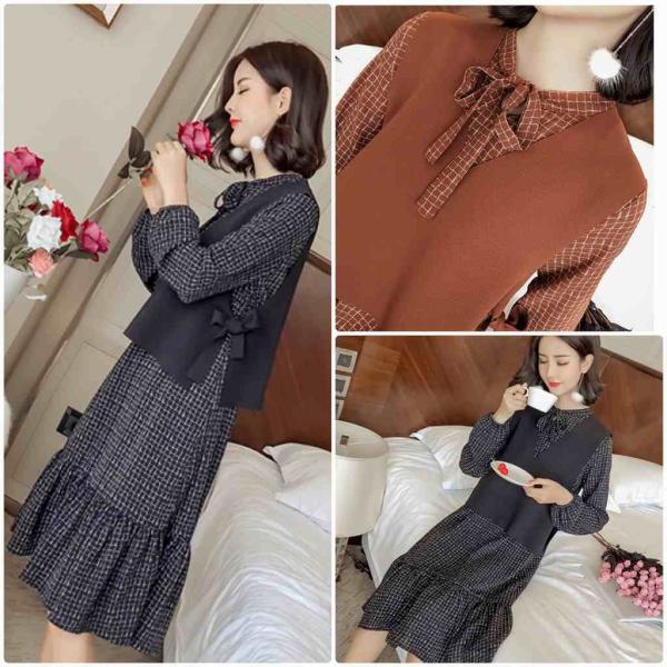 レディース　シフォン　ワンピース　ミディ丈　フリル　チェック柄　首元リボン　長袖　スカート　カジュアル　キュート　可愛い　フェミニン　きれいめ　上品　エレガント　おしゃれ　お出かけ　お呼ばれ　ブラック　カーキ　S　M　L　XL　サイズ　送料無料