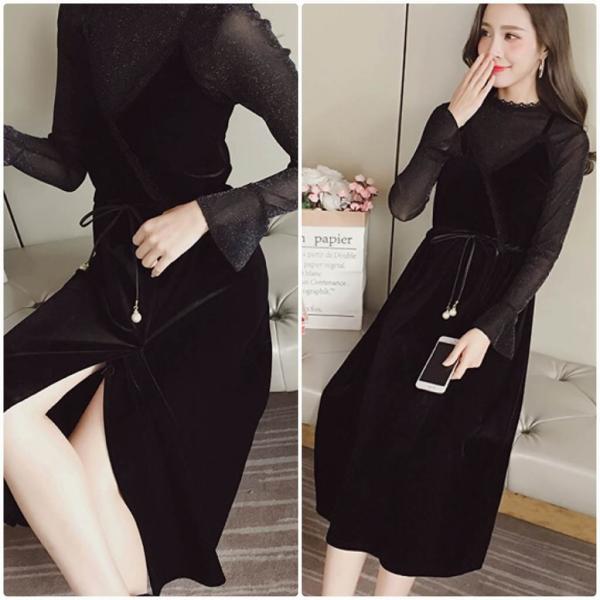 レディース　ベルベット　ワンピース　ミディ丈　フレアスリーブ　腰紐　長袖　スカート　カジュアル　キュート　可愛い　フェミニン　きれいめ　上品　エレガント　おしゃれ　お出かけ　お呼ばれ　ブラック　S　M　L　XL　サイズ　送料無料