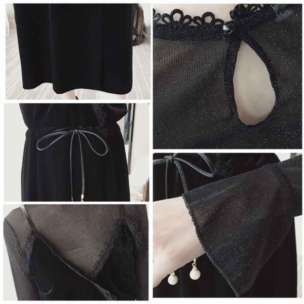 レディース　ベルベット　ワンピース　ミディ丈　フレアスリーブ　腰紐　長袖　スカート　カジュアル　キュート　可愛い　フェミニン　きれいめ　上品　エレガント　おしゃれ　お出かけ　お呼ばれ　ブラック　S　M　L　XL　サイズ　送料無料