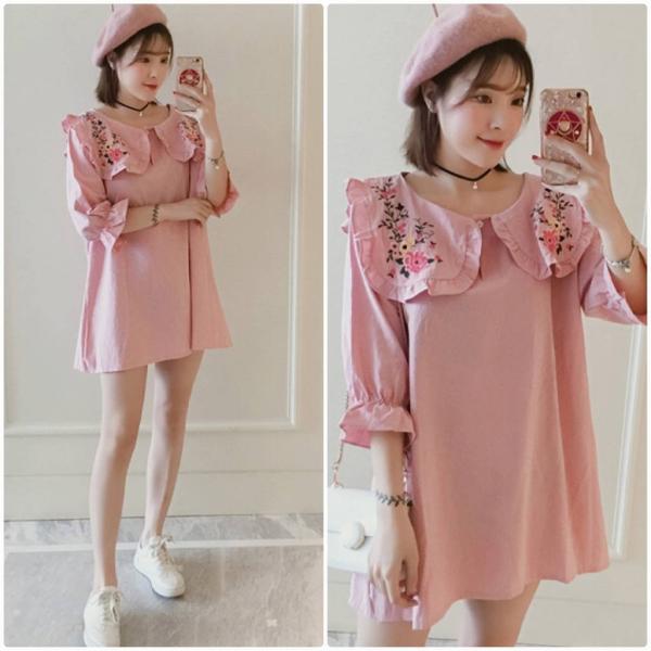 レディース　大きいサイズ　リネン　ワンピース　ミニ丈　キャンディスリーブ　刺繍　花柄　七分袖　スカート　カジュアル　キュート　可愛い　フェミニン　きれいめ　上品　エレガント　おしゃれ　お出かけ　お呼ばれ　ピンク　XL　2XL　3XL　4XL　5XL　サイズ　送料無料
