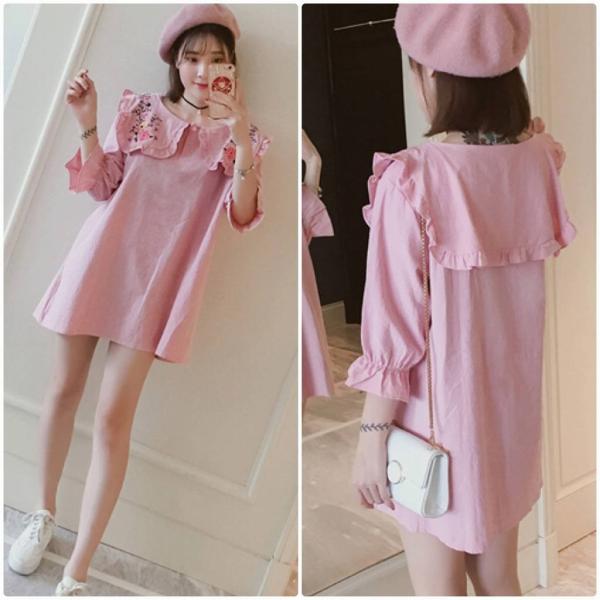 レディース　大きいサイズ　リネン　ワンピース　ミニ丈　キャンディスリーブ　刺繍　花柄　七分袖　スカート　カジュアル　キュート　可愛い　フェミニン　きれいめ　上品　エレガント　おしゃれ　お出かけ　お呼ばれ　ピンク　XL　2XL　3XL　4XL　5XL　サイズ　送料無料