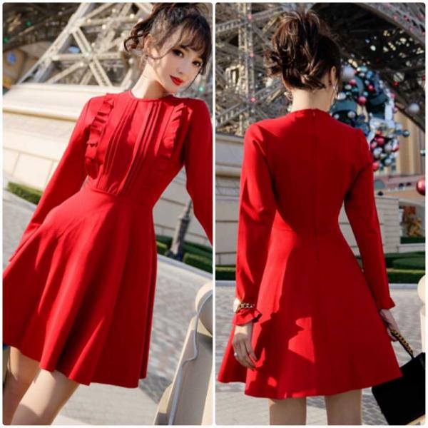 レディース　ワンピース　ミニ丈　長袖　フリル　フレア　丸首　Aライン　スカート　カジュアル　キュート　可愛い　フェミニン　きれいめ　上品　エレガント　おしゃれ　お出かけ　お呼ばれ　ブラック　レッド　S　M　L　XL　サイズ　送料無料