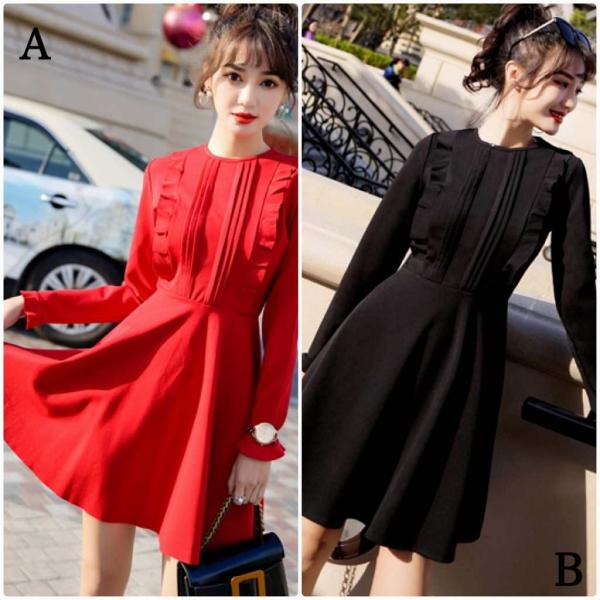 レディース　ワンピース　ミニ丈　長袖　フリル　フレア　丸首　Aライン　スカート　カジュアル　キュート　可愛い　フェミニン　きれいめ　上品　エレガント　おしゃれ　お出かけ　お呼ばれ　ブラック　レッド　S　M　L　XL　サイズ　送料無料