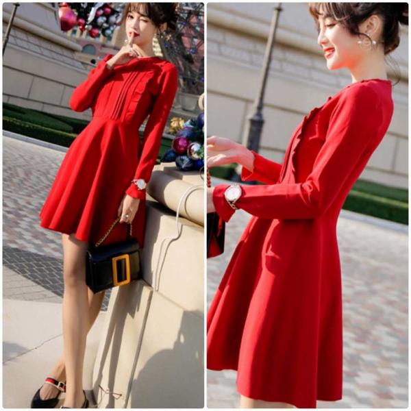 レディース　ワンピース　ミニ丈　長袖　フリル　フレア　丸首　Aライン　スカート　カジュアル　キュート　可愛い　フェミニン　きれいめ　上品　エレガント　おしゃれ　お出かけ　お呼ばれ　ブラック　レッド　S　M　L　XL　サイズ　送料無料