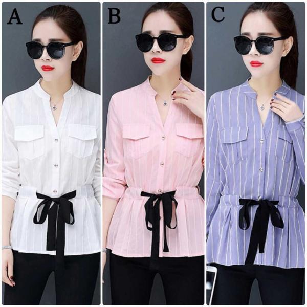 レディース　ブラウス　ストライプ　長袖　シャツ　腰紐　シャツ　長袖　Vネック　トップス　カジュアル　キュート　可愛い　フェミニン　きれいめ　上品　エレガント　おしゃれ　お出かけ　オフィス　デート　デイリー　ピンク　ホワイト　ブルー　大きいサイズ　送料無料