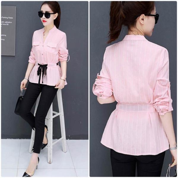 レディース　ブラウス　ストライプ　長袖　シャツ　腰紐　シャツ　長袖　Vネック　トップス　カジュアル　キュート　可愛い　フェミニン　きれいめ　上品　エレガント　おしゃれ　お出かけ　オフィス　デート　デイリー　ピンク　ホワイト　ブルー　大きいサイズ　送料無料