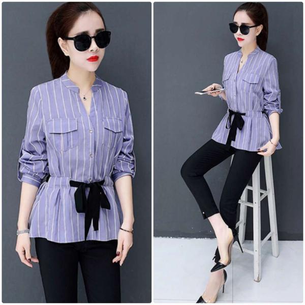 レディース　ブラウス　ストライプ　長袖　シャツ　腰紐　シャツ　長袖　Vネック　トップス　カジュアル　キュート　可愛い　フェミニン　きれいめ　上品　エレガント　おしゃれ　お出かけ　オフィス　デート　デイリー　ピンク　ホワイト　ブルー　大きいサイズ　送料無料