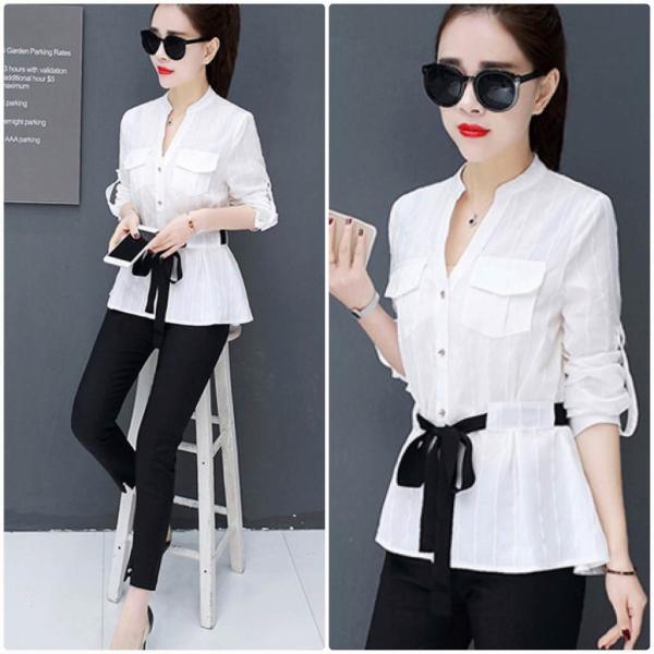 レディース　ブラウス　ストライプ　長袖　シャツ　腰紐　シャツ　長袖　Vネック　トップス　カジュアル　キュート　可愛い　フェミニン　きれいめ　上品　エレガント　おしゃれ　お出かけ　オフィス　デート　デイリー　ピンク　ホワイト　ブルー　大きいサイズ　送料無料