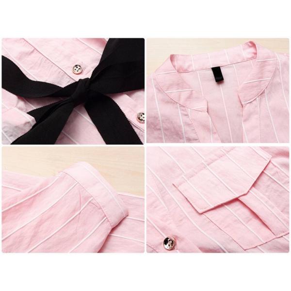 レディース　ブラウス　ストライプ　長袖　シャツ　腰紐　シャツ　長袖　Vネック　トップス　カジュアル　キュート　可愛い　フェミニン　きれいめ　上品　エレガント　おしゃれ　お出かけ　オフィス　デート　デイリー　ピンク　ホワイト　ブルー　大きいサイズ　送料無料