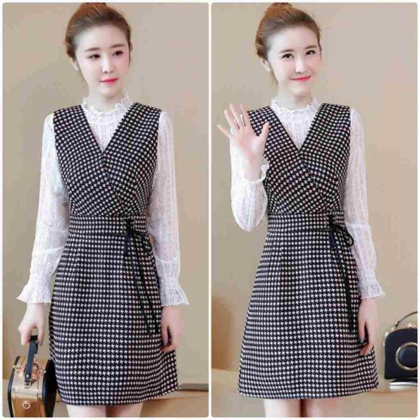レディース　2点セット　ワンピース　ミニ丈　チェック柄　総レース　ブラウス　キャンディスリーブ　カジュアル　キュート　可愛い　フェミニン　きれいめ　上品　エレガント　おしゃれ　お出かけ　デイリー　お呼ばれ　大きいサイズ　S　M　L　XL　2XL　送料無料
