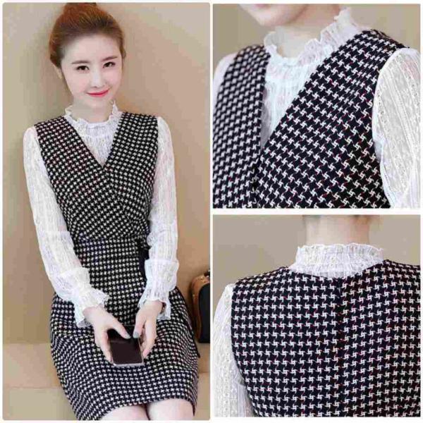 レディース　2点セット　ワンピース　ミニ丈　チェック柄　総レース　ブラウス　キャンディスリーブ　カジュアル　キュート　可愛い　フェミニン　きれいめ　上品　エレガント　おしゃれ　お出かけ　デイリー　お呼ばれ　大きいサイズ　S　M　L　XL　2XL　送料無料