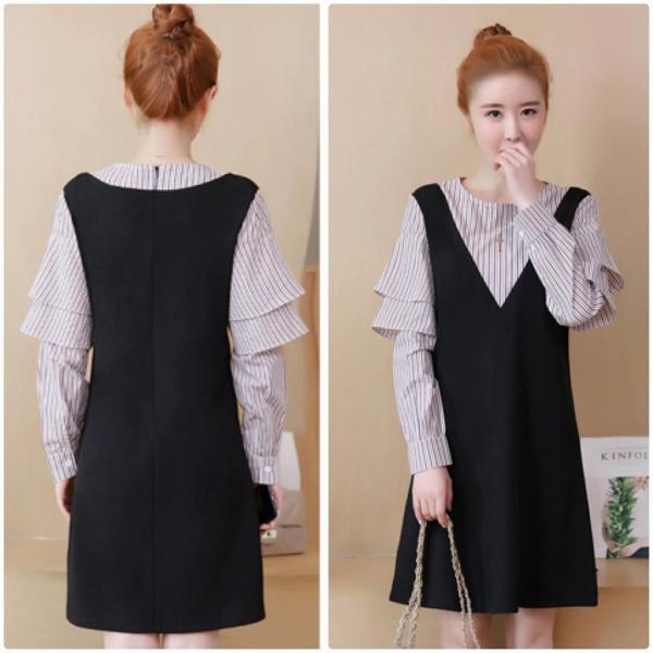 レディース　ワンピース　ミニ丈　ストライプ　長袖　フリル　フレア　スカート　カジュアル　キュート　可愛い　フェミニン　きれいめ　上品　エレガント　おしゃれ　お出かけ　お呼ばれ　ブラック　L　XL　2XL　3XL　4XL　5XL　大きいサイズ　送料無料