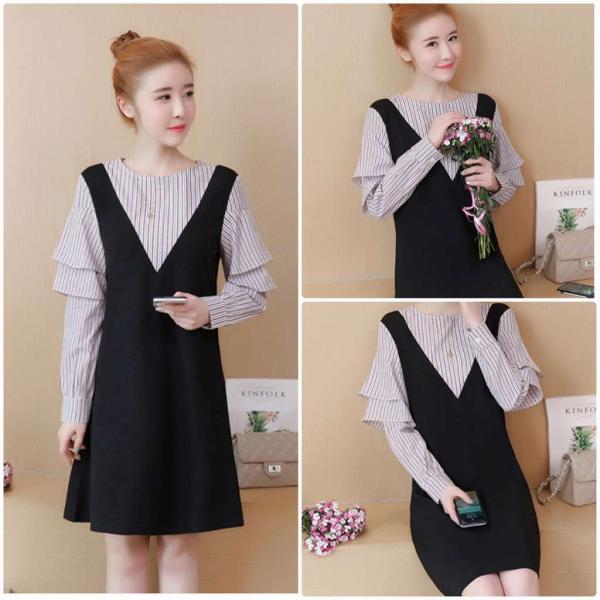 レディース　ワンピース　ミニ丈　ストライプ　長袖　フリル　フレア　スカート　カジュアル　キュート　可愛い　フェミニン　きれいめ　上品　エレガント　おしゃれ　お出かけ　お呼ばれ　ブラック　L　XL　2XL　3XL　4XL　5XL　大きいサイズ　送料無料