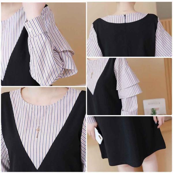 レディース　ワンピース　ミニ丈　ストライプ　長袖　フリル　フレア　スカート　カジュアル　キュート　可愛い　フェミニン　きれいめ　上品　エレガント　おしゃれ　お出かけ　お呼ばれ　ブラック　L　XL　2XL　3XL　4XL　5XL　大きいサイズ　送料無料
