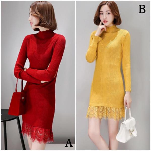 レディース　ハイネック　ワンピース　ミニ丈　ニットワンピ　レース　長袖　スカート　カジュアル　キュート　可愛い　フェミニン　きれいめ　上品　エレガント　おしゃれ　お出かけ　お呼ばれ　イエロー　グリーン　ブラック　レッド　ピンク　フリーサイズ　送料無料
