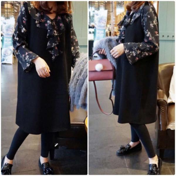 レディース　ワンピース　ミディ丈　フレアスリーブ　花柄　ボタニカル柄　長袖　スカート　カジュアル　キュート　可愛い　フェミニン　きれいめ　上品　エレガント　おしゃれ　お出かけ　お呼ばれ　ブラック　L　XL　2XL　3XL　4XL　5XL　大きいサイズ　送料無料