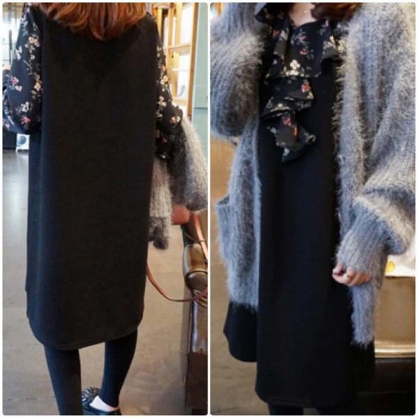 レディース　ワンピース　ミディ丈　フレアスリーブ　花柄　ボタニカル柄　長袖　スカート　カジュアル　キュート　可愛い　フェミニン　きれいめ　上品　エレガント　おしゃれ　お出かけ　お呼ばれ　ブラック　L　XL　2XL　3XL　4XL　5XL　大きいサイズ　送料無料