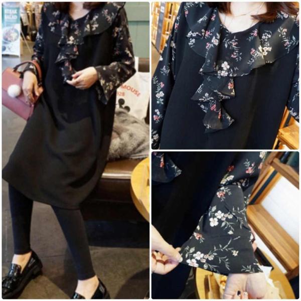 レディース　ワンピース　ミディ丈　フレアスリーブ　花柄　ボタニカル柄　長袖　スカート　カジュアル　キュート　可愛い　フェミニン　きれいめ　上品　エレガント　おしゃれ　お出かけ　お呼ばれ　ブラック　L　XL　2XL　3XL　4XL　5XL　大きいサイズ　送料無料