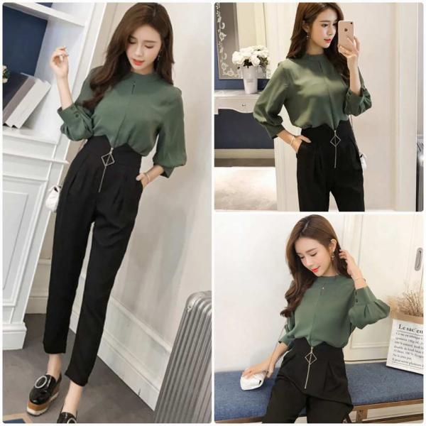 レディース　2点セット　ブラウス　七分袖　クロップドパンツ　スリム　カジュアル　キュート　可愛い　フェミニン　きれいめ　上品　エレガント　おしゃれ　お出かけ　デイリー　お呼ばれ　大きいサイズ　オリーブ×ブラック　S　M　L　XL　サイズ　送料無料