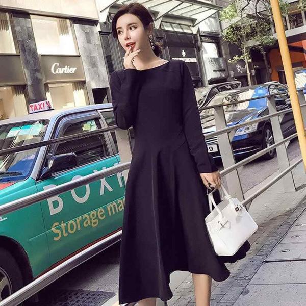 レディース　ワンピース　ミモレ丈　ラウンドネック　シンプル　フレア　スリム　長袖　スカート　カジュアル　キュート　可愛い　フェミニン　きれいめ　上品　エレガント　おしゃれ　お出かけ　お呼ばれ　ブラック　S　M　L　XL　サイズ　送料無料