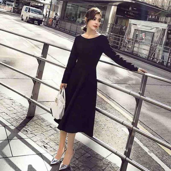レディース　ワンピース　ミモレ丈　ラウンドネック　シンプル　フレア　スリム　長袖　スカート　カジュアル　キュート　可愛い　フェミニン　きれいめ　上品　エレガント　おしゃれ　お出かけ　お呼ばれ　ブラック　S　M　L　XL　サイズ　送料無料