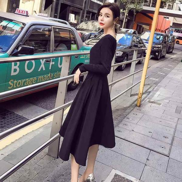 レディース　ワンピース　ミモレ丈　ラウンドネック　シンプル　フレア　スリム　長袖　スカート　カジュアル　キュート　可愛い　フェミニン　きれいめ　上品　エレガント　おしゃれ　お出かけ　お呼ばれ　ブラック　S　M　L　XL　サイズ　送料無料