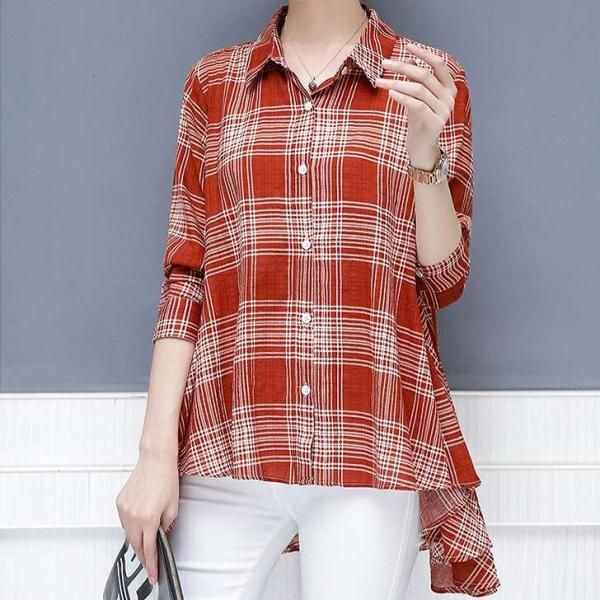 レディース　ブラウス　チェック柄　長袖　シャツ　ロング丈　トップス　カジュアル　キュート　可愛い　フェミニン　きれいめ　上品　エレガント　おしゃれ　お出かけ　オフィス　デート　デイリー　レッド　ネイビー　大きいサイズ　M　L　XL　2XL　サイズ　送料無料