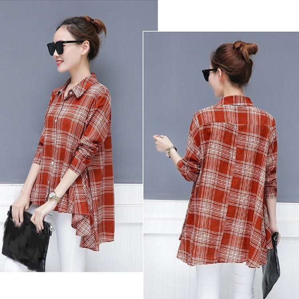レディース　ブラウス　チェック柄　長袖　シャツ　ロング丈　トップス　カジュアル　キュート　可愛い　フェミニン　きれいめ　上品　エレガント　おしゃれ　お出かけ　オフィス　デート　デイリー　レッド　ネイビー　大きいサイズ　M　L　XL　2XL　サイズ　送料無料