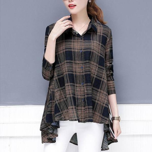 レディース　ブラウス　チェック柄　長袖　シャツ　ロング丈　トップス　カジュアル　キュート　可愛い　フェミニン　きれいめ　上品　エレガント　おしゃれ　お出かけ　オフィス　デート　デイリー　レッド　ネイビー　大きいサイズ　M　L　XL　2XL　サイズ　送料無料