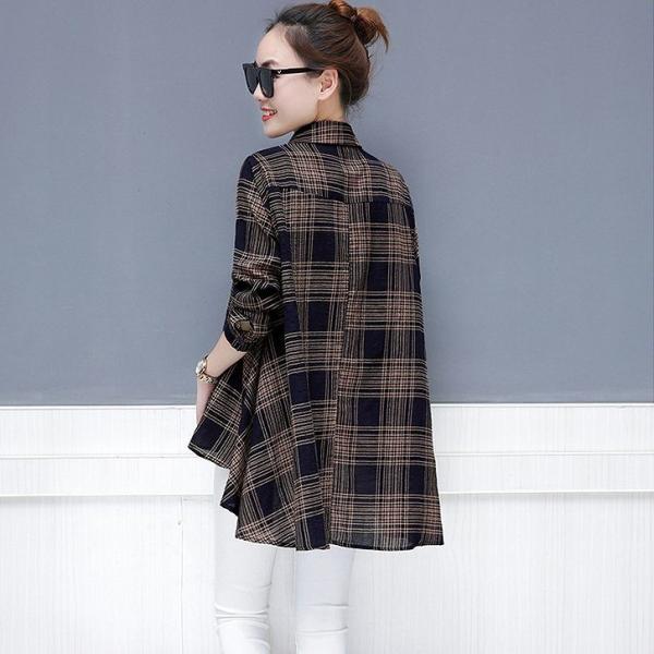 レディース　ブラウス　チェック柄　長袖　シャツ　ロング丈　トップス　カジュアル　キュート　可愛い　フェミニン　きれいめ　上品　エレガント　おしゃれ　お出かけ　オフィス　デート　デイリー　レッド　ネイビー　大きいサイズ　M　L　XL　2XL　サイズ　送料無料