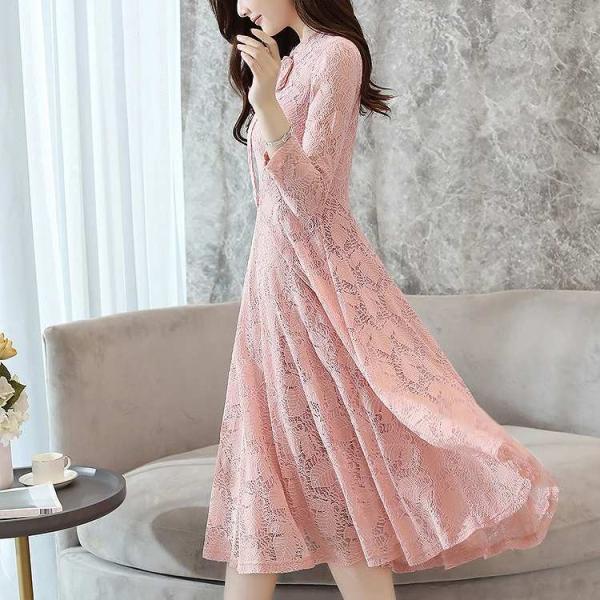 レディース　ワンピース　総レース　ミモレ丈　シンプル　長袖　スカート　カジュアル　キュート　可愛い　フェミニン　きれいめ　上品　エレガント　おしゃれ　お出かけ　お呼ばれ　ピンク　ブラック　ホワイト　S　M　L　XL　2XL　大きいサイズ　送料無料