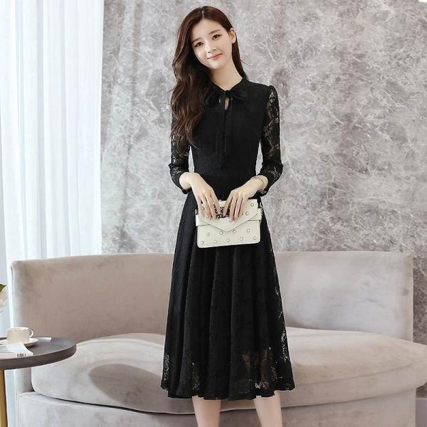レディース　ワンピース　総レース　ミモレ丈　シンプル　長袖　スカート　カジュアル　キュート　可愛い　フェミニン　きれいめ　上品　エレガント　おしゃれ　お出かけ　お呼ばれ　ピンク　ブラック　ホワイト　S　M　L　XL　2XL　大きいサイズ　送料無料