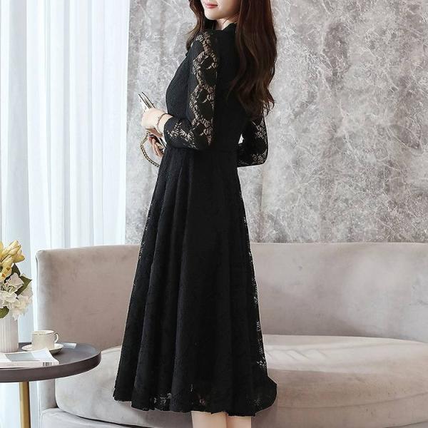 レディース　ワンピース　総レース　ミモレ丈　シンプル　長袖　スカート　カジュアル　キュート　可愛い　フェミニン　きれいめ　上品　エレガント　おしゃれ　お出かけ　お呼ばれ　ピンク　ブラック　ホワイト　S　M　L　XL　2XL　大きいサイズ　送料無料