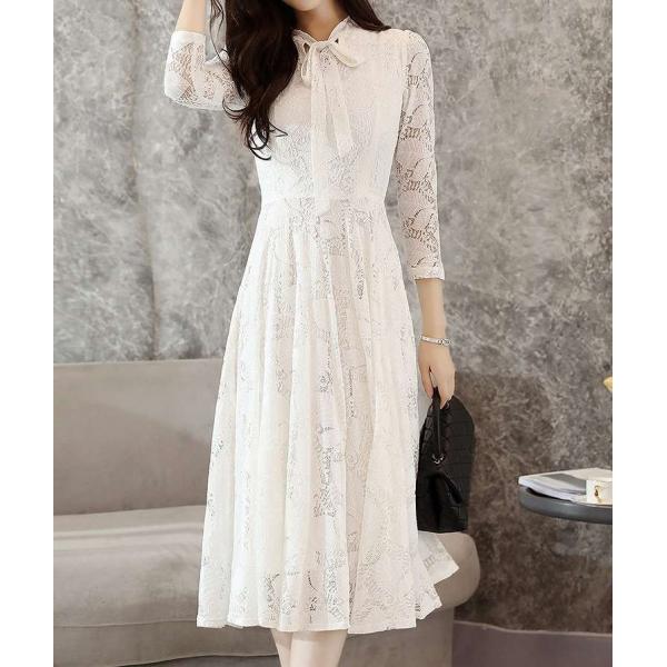 レディース　ワンピース　総レース　ミモレ丈　シンプル　長袖　スカート　カジュアル　キュート　可愛い　フェミニン　きれいめ　上品　エレガント　おしゃれ　お出かけ　お呼ばれ　ピンク　ブラック　ホワイト　S　M　L　XL　2XL　大きいサイズ　送料無料