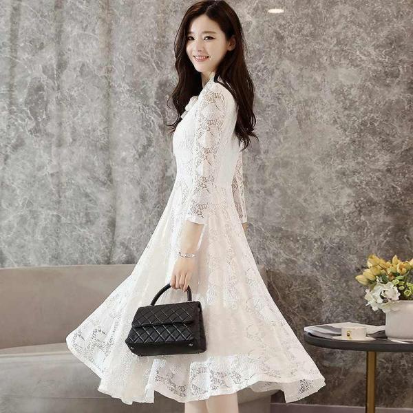レディース　ワンピース　総レース　ミモレ丈　シンプル　長袖　スカート　カジュアル　キュート　可愛い　フェミニン　きれいめ　上品　エレガント　おしゃれ　お出かけ　お呼ばれ　ピンク　ブラック　ホワイト　S　M　L　XL　2XL　大きいサイズ　送料無料