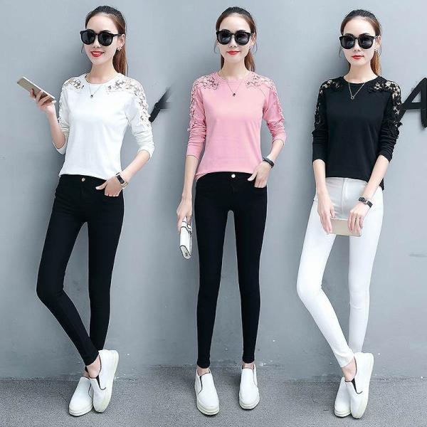 レディース　Tシャツ　レース　長袖　ロングTシャツ　ロンT　無地　タイト　スリム　シンプル　夏　春　トップス　カジュアル　キュート　大人　可愛い　フェミニン　おしゃれ　お出かけ　デイリー　ピンク　ブラック　ホワイト　S　M　L　XL　2XL　サイズ　送料無料