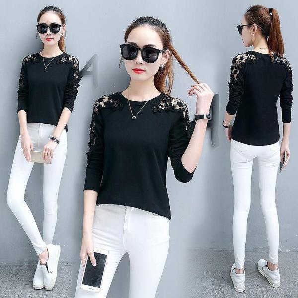 レディース　Tシャツ　レース　長袖　ロングTシャツ　ロンT　無地　タイト　スリム　シンプル　夏　春　トップス　カジュアル　キュート　大人　可愛い　フェミニン　おしゃれ　お出かけ　デイリー　ピンク　ブラック　ホワイト　S　M　L　XL　2XL　サイズ　送料無料