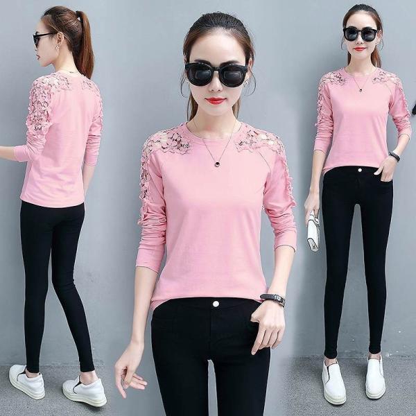 レディース　Tシャツ　レース　長袖　ロングTシャツ　ロンT　無地　タイト　スリム　シンプル　夏　春　トップス　カジュアル　キュート　大人　可愛い　フェミニン　おしゃれ　お出かけ　デイリー　ピンク　ブラック　ホワイト　S　M　L　XL　2XL　サイズ　送料無料