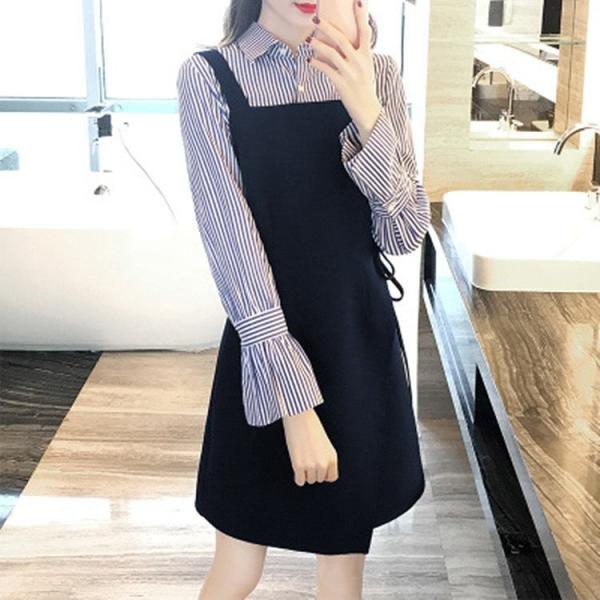 レディース　ワンピース　ミニ丈　ストライプ　キャンディスリーブ　長袖　スカート　カジュアル　キュート　可愛い　フェミニン　きれいめ　上品　エレガント　おしゃれ　お出かけ　お呼ばれ　ネイビー　S　M　L　XL　サイズ　送料無料