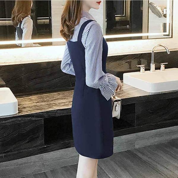 レディース　ワンピース　ミニ丈　ストライプ　キャンディスリーブ　長袖　スカート　カジュアル　キュート　可愛い　フェミニン　きれいめ　上品　エレガント　おしゃれ　お出かけ　お呼ばれ　ネイビー　S　M　L　XL　サイズ　送料無料