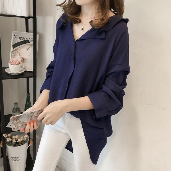 レディース　ブラウス　長袖　シャツ　ロング丈　トップス　カジュアル　キュート　可愛い　フェミニン　きれいめ　上品　エレガント　おしゃれ　お出かけ　オフィス　デート　ネイビー　グレー　カーキ　大きいサイズ　M　L　XL　2XL　3XL　4XL　サイズ　送料無料