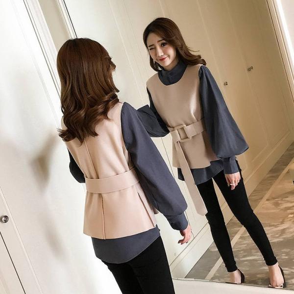 レディース　2点セット　ブラウス　ベスト　ランタンスリーブ　カジュアル　キュート　可愛い　フェミニン　きれいめ　上品　エレガント　おしゃれ　お出かけ　デイリー　お呼ばれ　大きいサイズ　ベージュ　ネイビー　S　M　L　XL　サイズ　送料無料