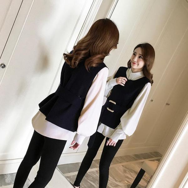 レディース　2点セット　ブラウス　ベスト　ランタンスリーブ　カジュアル　キュート　可愛い　フェミニン　きれいめ　上品　エレガント　おしゃれ　お出かけ　デイリー　お呼ばれ　大きいサイズ　ベージュ　ネイビー　S　M　L　XL　サイズ　送料無料