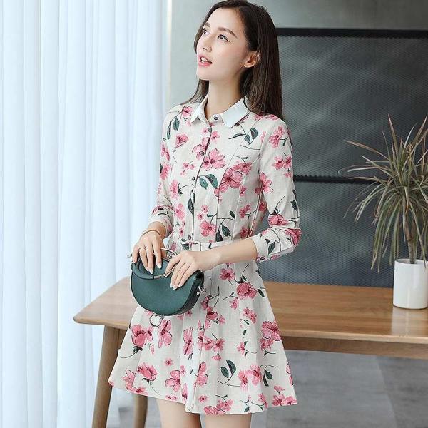 レディース　ワンピース　ミニ丈　シャツワンピ　花柄　ボタニカル柄　長袖　スカート　カジュアル　キュート　可愛い　フェミニン　きれいめ　上品　エレガント　おしゃれ　お出かけ　お呼ばれ　レッド　ブルー　S　M　L　XL　大きいサイズ　送料無料